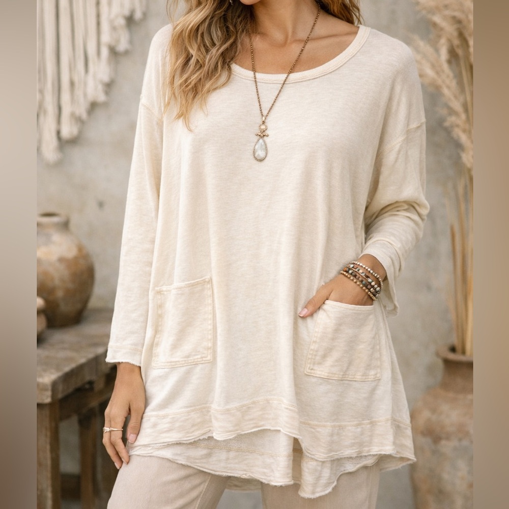 Free People Cream Oversized Long Sleeve Tunic Top | Boho Pocket Shirt